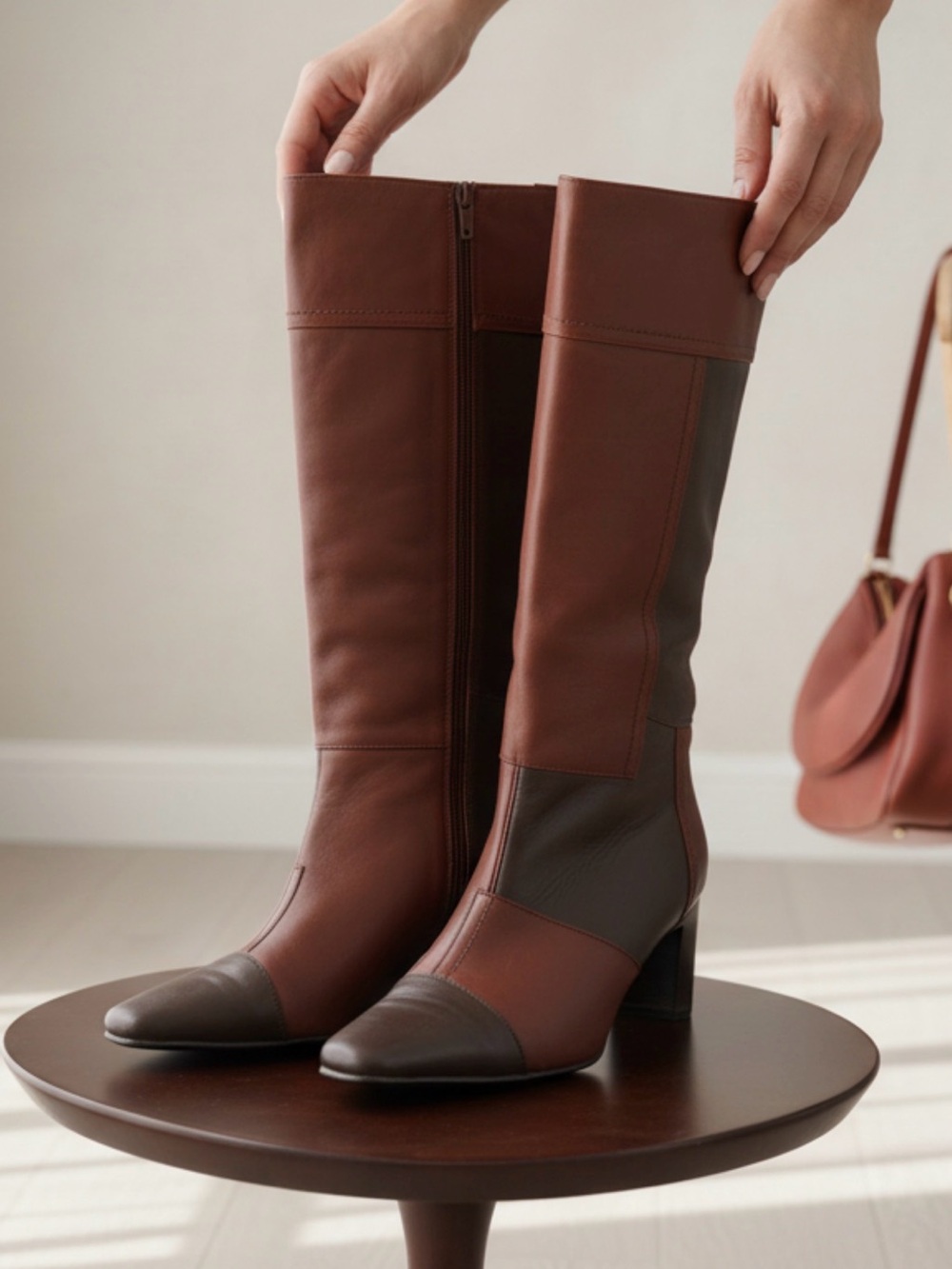 Blondo AquaProtect Leather Riding Boots Brown Colorblock Waterproof Women's 8